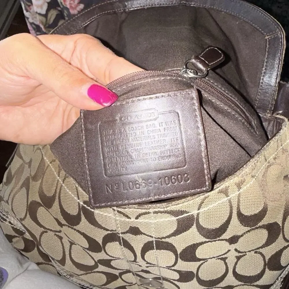 Coach Brown Signature soho Canvas Leather Trim Shoulder Bag Silver Hardware